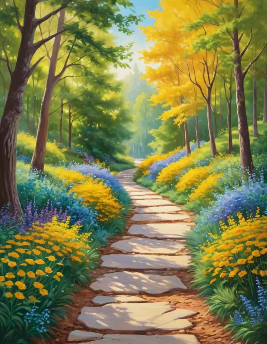 A serene pathway surrounded by vibrant nature, symbolizing hope and guidance for cancer patients. Include supportive figures offering encouragement, with essential symbols of research and treatment, such as DNA strands and medicine bottles along the path. Warm sunlight filters through trees, creating an uplifting atmosphere. The color palette should be soothing with greens, yellows, and soft blues. painting. vibrant colors.