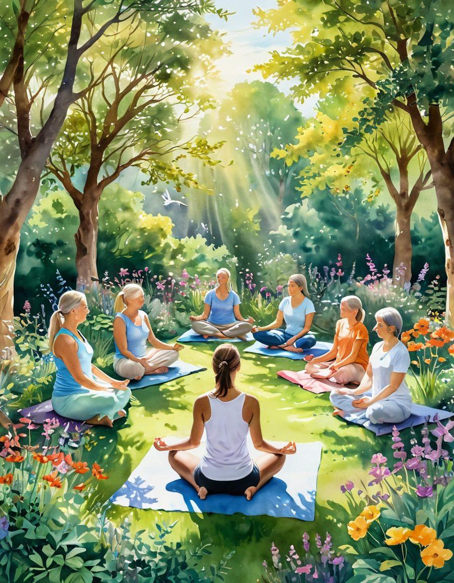 A serene garden scene depicting diverse cancer survivors embracing holistic practices like yoga, meditation, and herbal therapy, surrounded by vibrant flowers and lush greenery. Incorporate soft sunlight filtering through the trees, symbolizing hope and renewal. Include elements like essential oil bottles, prayer flags, and a rainbow in the sky to enhance the overall atmosphere of wellness and recovery. watercolor painting. soft color palette. tranquil ambiance.