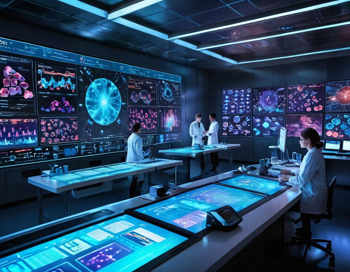 A bright, futuristic lab setting with diverse scientists collaborating on innovative cancer research. The scene features advanced technology like DNA sequencers and holographic displays, symbolizing breakthroughs in treatment. Surround them are charts showing progress in cancer statistics and colorful representations of cells. Add a glowing, abstract representation of hope and healing in the background. vibrant colors. super-realistic.
